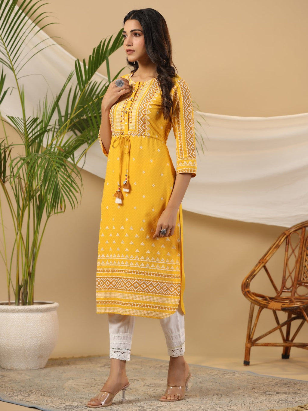 Juniper The Madhubala Women Mustard Geometric Printed Rayon Kurta With Contrast Beadwork Sequins & Tassels | Grocsy