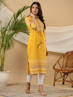 Juniper The Madhubala Women Mustard Geometric Printed Rayon Kurta With Contrast Beadwork Sequins & Tassels | Grocsy