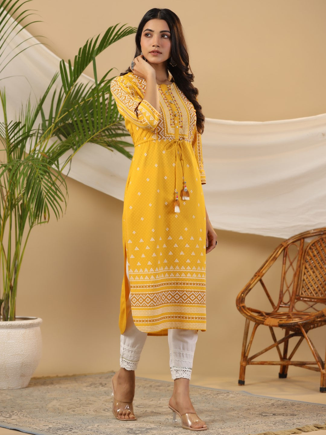 Juniper The Madhubala Women Mustard Geometric Printed Rayon Kurta With Contrast Beadwork Sequins & Tassels | Grocsy