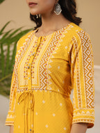 Juniper The Madhubala Women Mustard Geometric Printed Rayon Kurta With Contrast Beadwork Sequins & Tassels | Grocsy