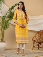 Juniper The Madhubala Women Mustard Geometric Printed Rayon Kurta With Contrast Beadwork Sequins & Tassels | Grocsy
