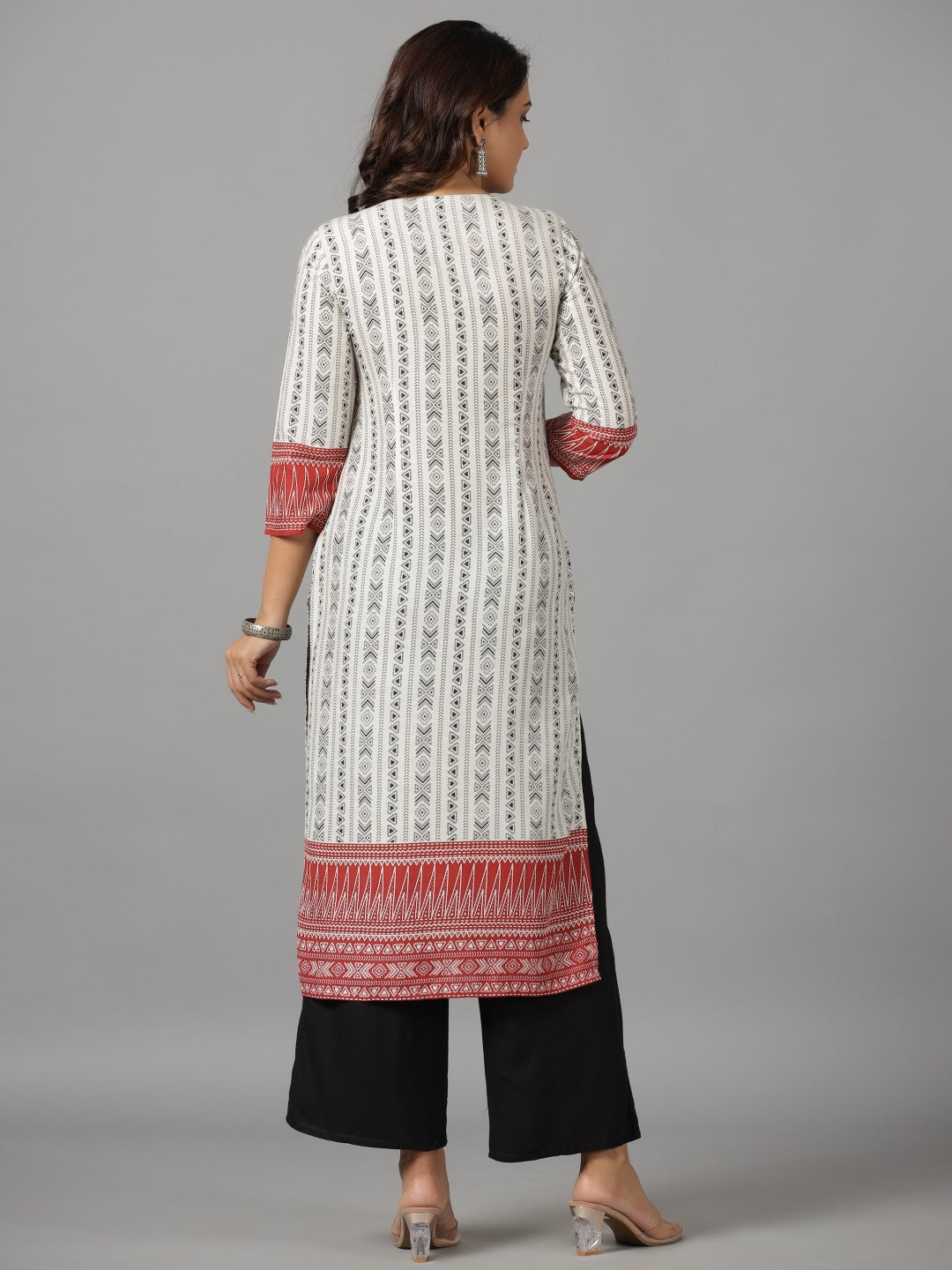 Juniper Women's White Ethnic Motif Printed Rayon Slub Kurta With Beads & Sequins | Grocsy