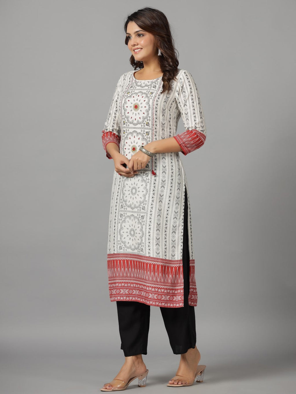 Juniper Women's White Ethnic Motif Printed Rayon Slub Kurta With Beads & Sequins | Grocsy