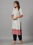 Juniper Women's White Ethnic Motif Printed Rayon Slub Kurta With Beads & Sequins | Grocsy