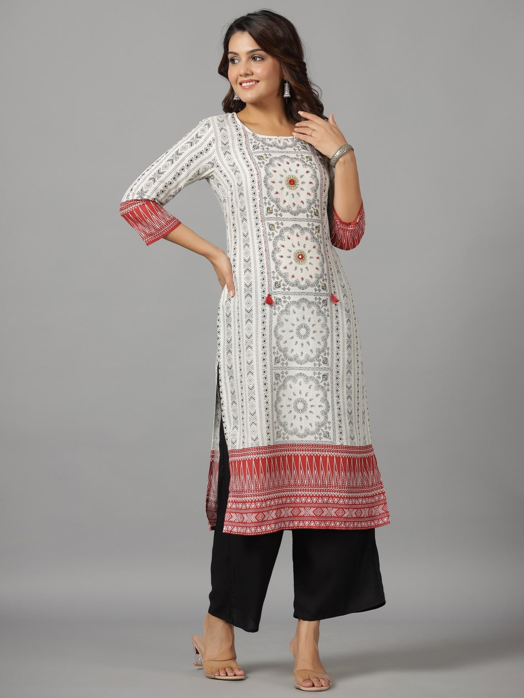 Juniper Women's White Ethnic Motif Printed Rayon Slub Kurta With Beads & Sequins | Grocsy