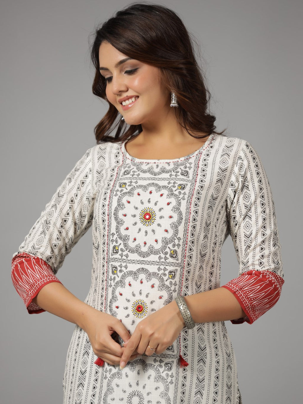Juniper Women's White Ethnic Motif Printed Rayon Slub Kurta With Beads & Sequins | Grocsy