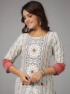 Juniper Women's White Ethnic Motif Printed Rayon Slub Kurta With Beads & Sequins | Grocsy