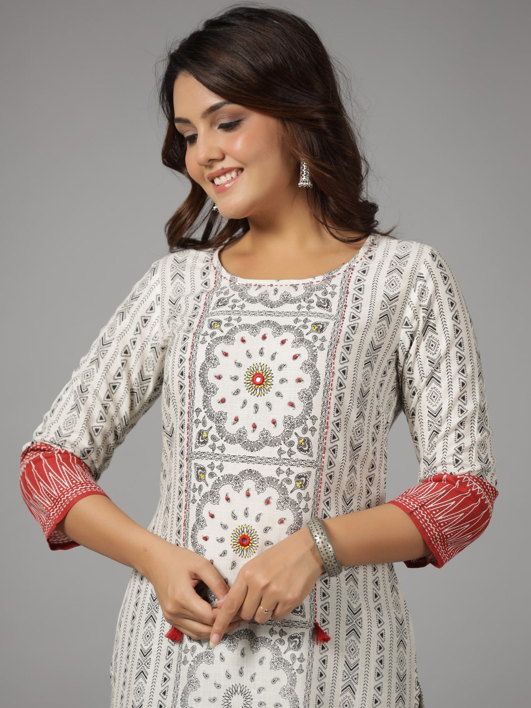Juniper Women's White Ethnic Motif Printed Rayon Slub Kurta With Beads & Sequins | Grocsy