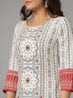 Juniper Women's White Ethnic Motif Printed Rayon Slub Kurta With Beads & Sequins | Grocsy
