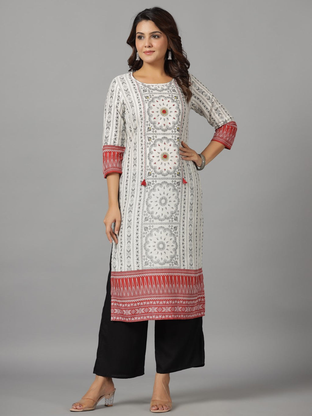 Juniper Women's White Ethnic Motif Printed Rayon Slub Kurta With Beads & Sequins | Grocsy