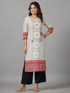 Juniper Women's White Ethnic Motif Printed Rayon Slub Kurta With Beads & Sequins | Grocsy