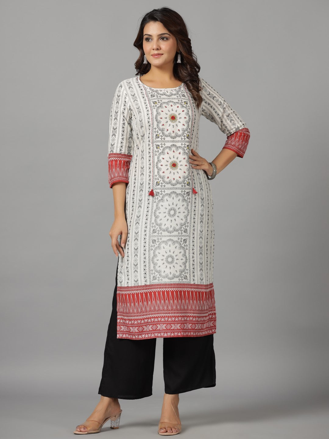 Juniper Women's White Ethnic Motif Printed Rayon Slub Kurta With Beads & Sequins | Grocsy