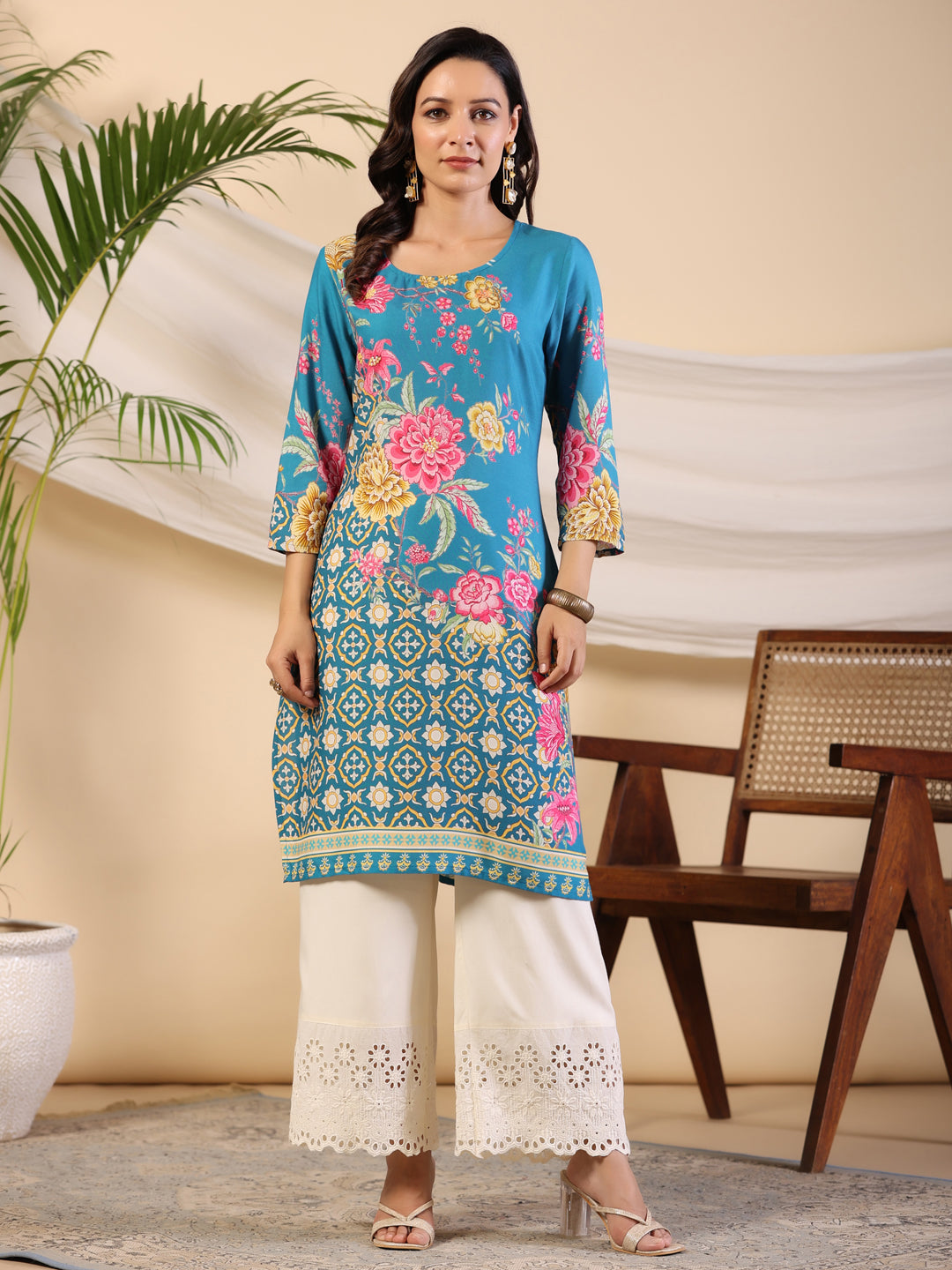 Juniper Women's Blue Rayon Floral Printed Straight Kurta | Grocsy