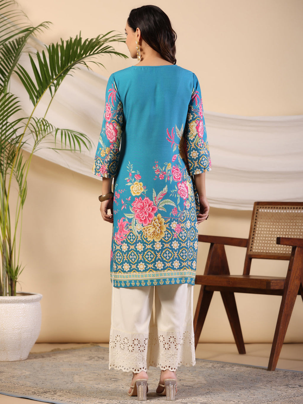 Juniper Women's Blue Rayon Floral Printed Straight Kurta | Grocsy