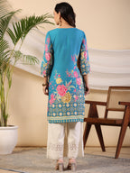 Juniper Women's Blue Rayon Floral Printed Straight Kurta | Grocsy