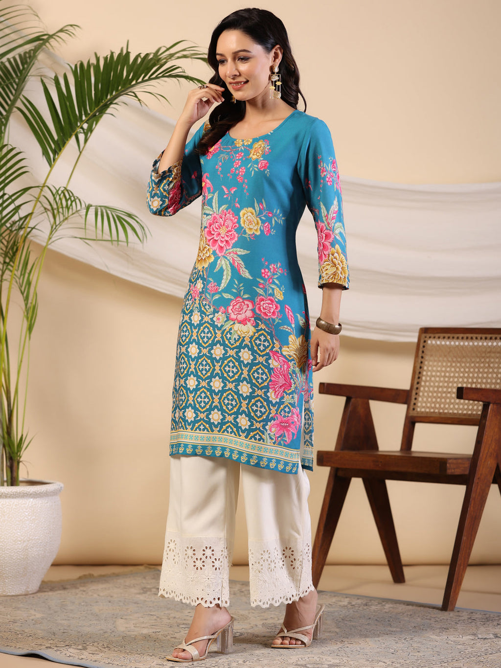 Juniper Women's Blue Rayon Floral Printed Straight Kurta | Grocsy