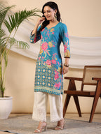 Juniper Women's Blue Rayon Floral Printed Straight Kurta | Grocsy
