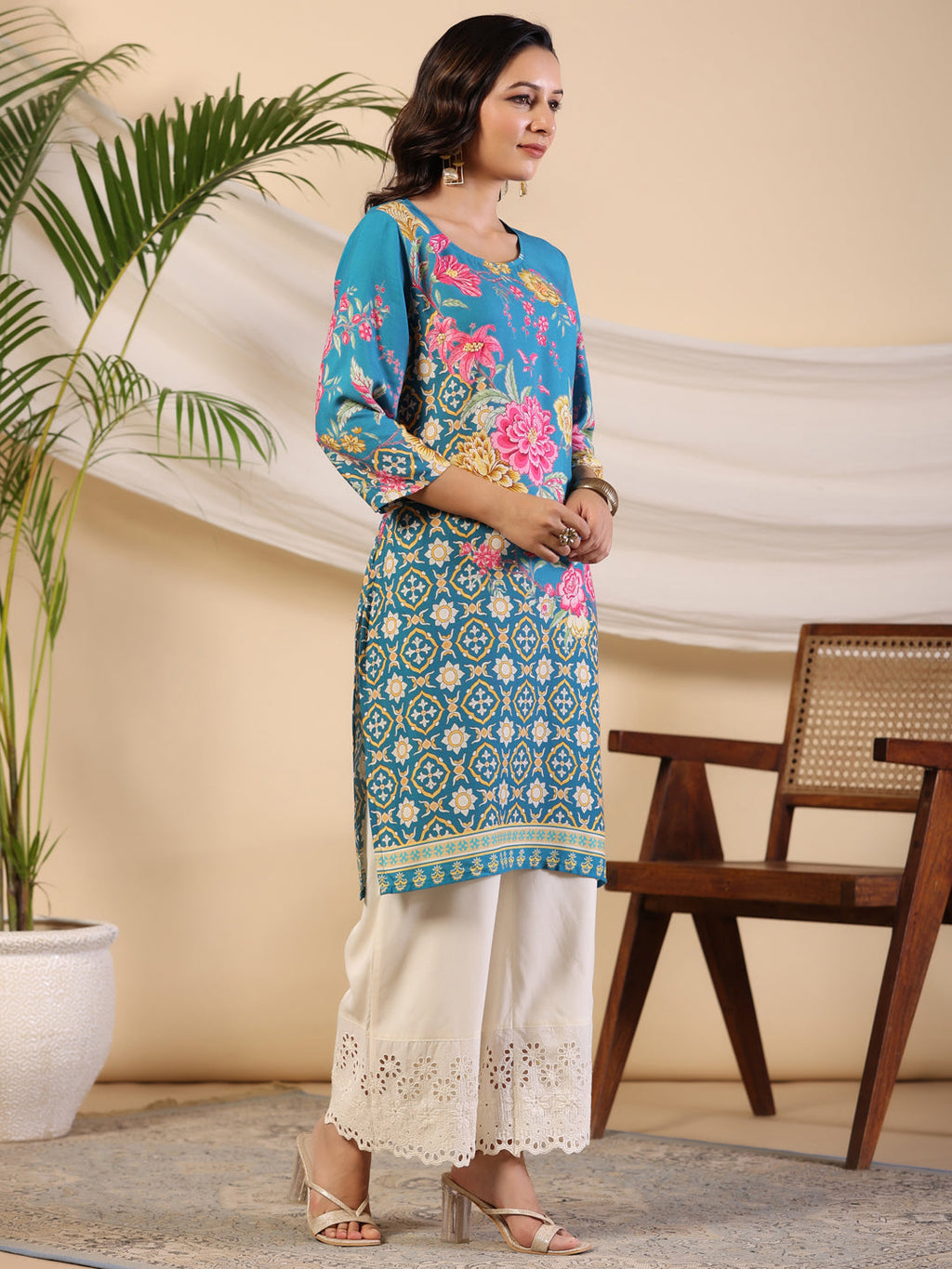 Juniper Women's Blue Rayon Floral Printed Straight Kurta | Grocsy