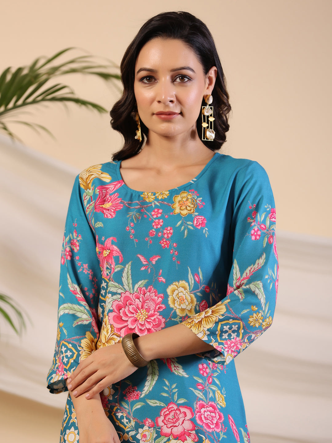 Juniper Women's Blue Rayon Floral Printed Straight Kurta | Grocsy