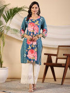 Juniper Women's Blue Rayon Floral Printed Straight Kurta | Grocsy