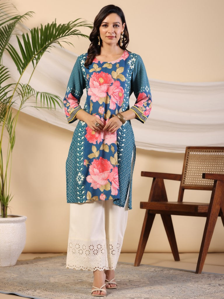 Juniper Women's Blue Rayon Floral Printed Straight Kurta | Grocsy