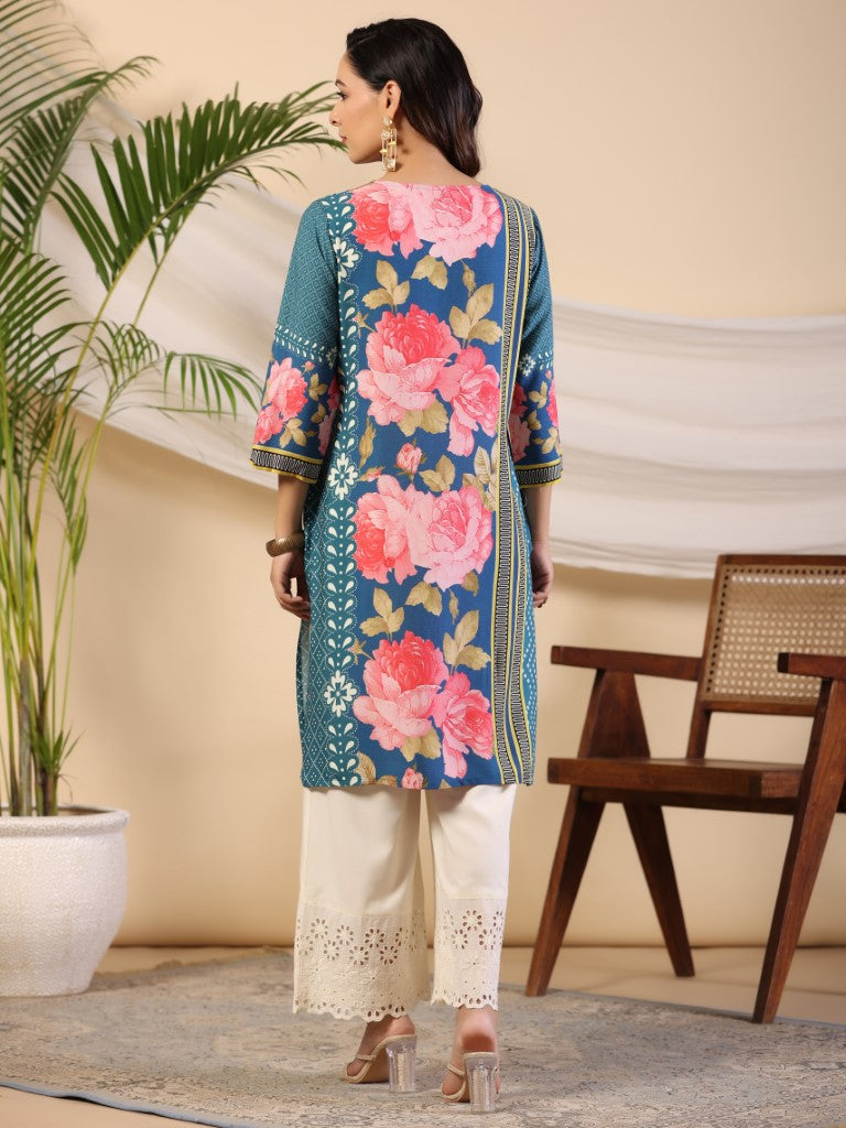 Juniper Women's Blue Rayon Floral Printed Straight Kurta | Grocsy