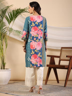 Juniper Women's Blue Rayon Floral Printed Straight Kurta | Grocsy