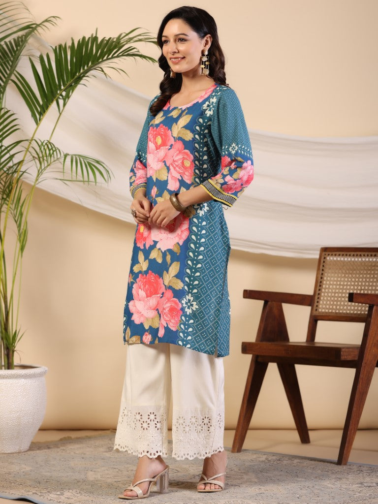 Juniper Women's Blue Rayon Floral Printed Straight Kurta | Grocsy