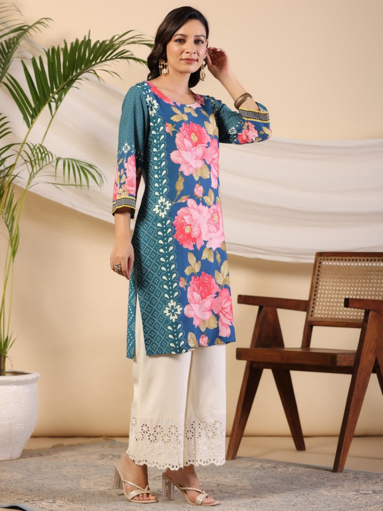 Juniper Women's Blue Rayon Floral Printed Straight Kurta | Grocsy