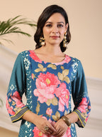 Juniper Women's Blue Rayon Floral Printed Straight Kurta | Grocsy