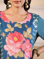 Juniper Women's Blue Rayon Floral Printed Straight Kurta | Grocsy