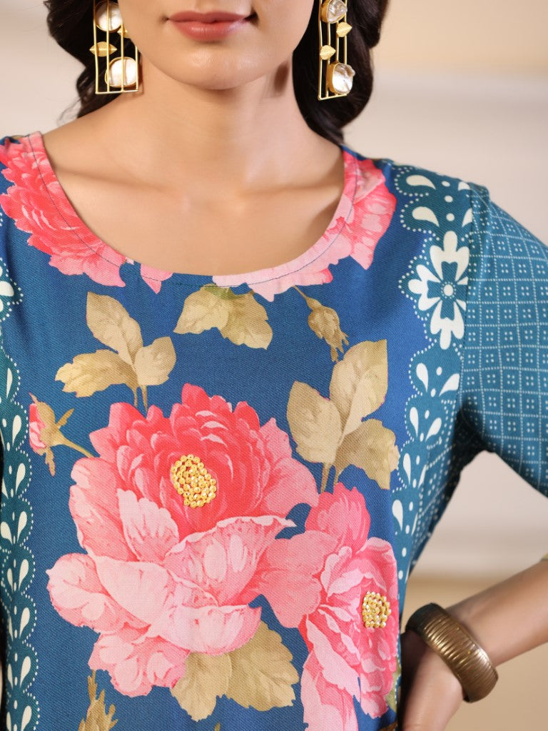 Juniper Women's Blue Rayon Floral Printed Straight Kurta | Grocsy