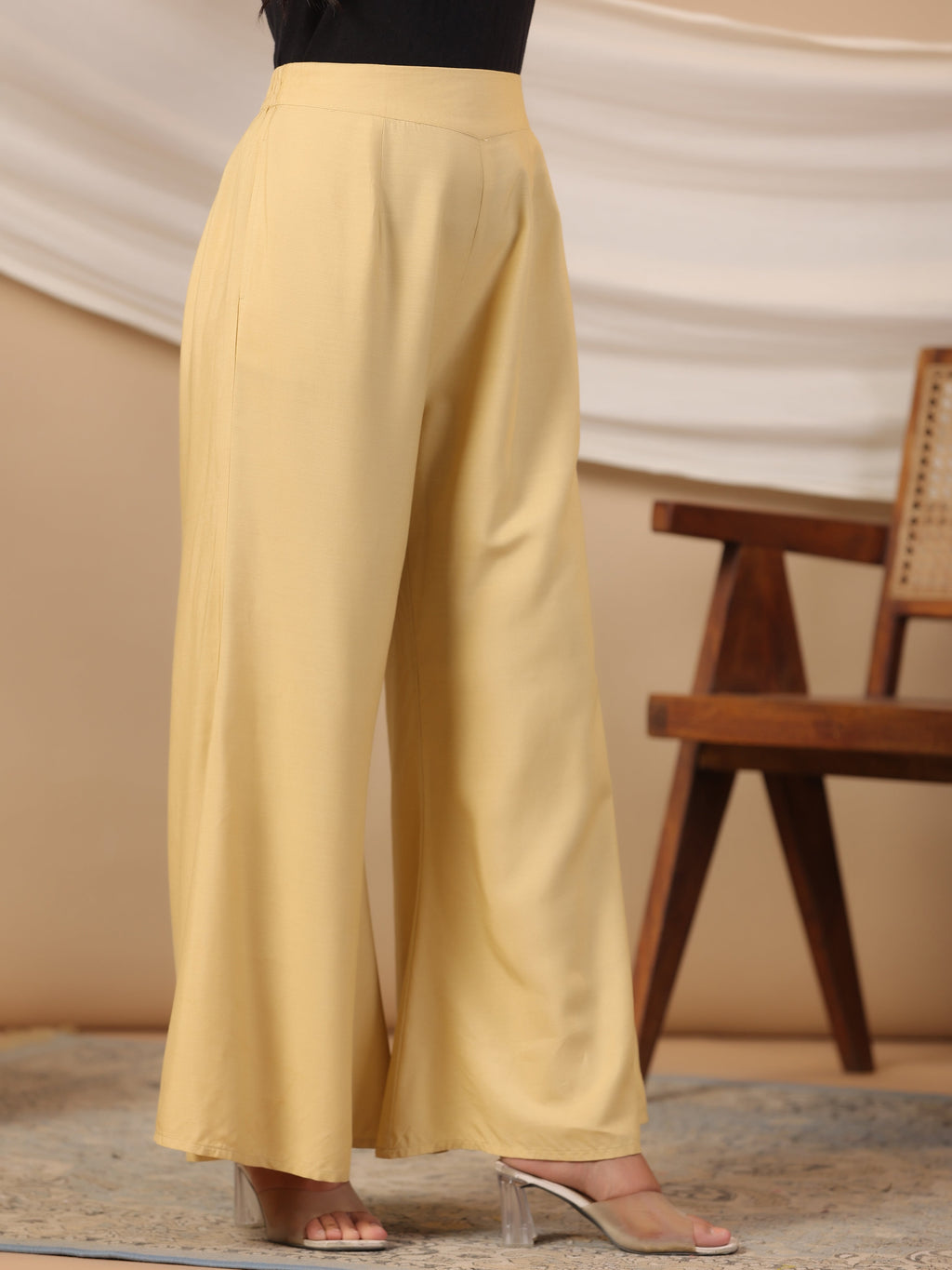 Juniper Beige Modal Rayon Women Partially Elasticated Bell Bottom Pants With Single Side Pocket | Grocsy