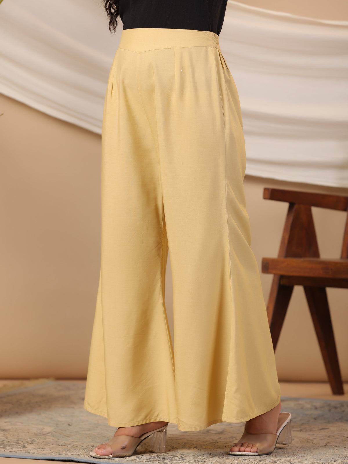 Juniper Beige Modal Rayon Women Partially Elasticated Bell Bottom Pants With Single Side Pocket | Grocsy
