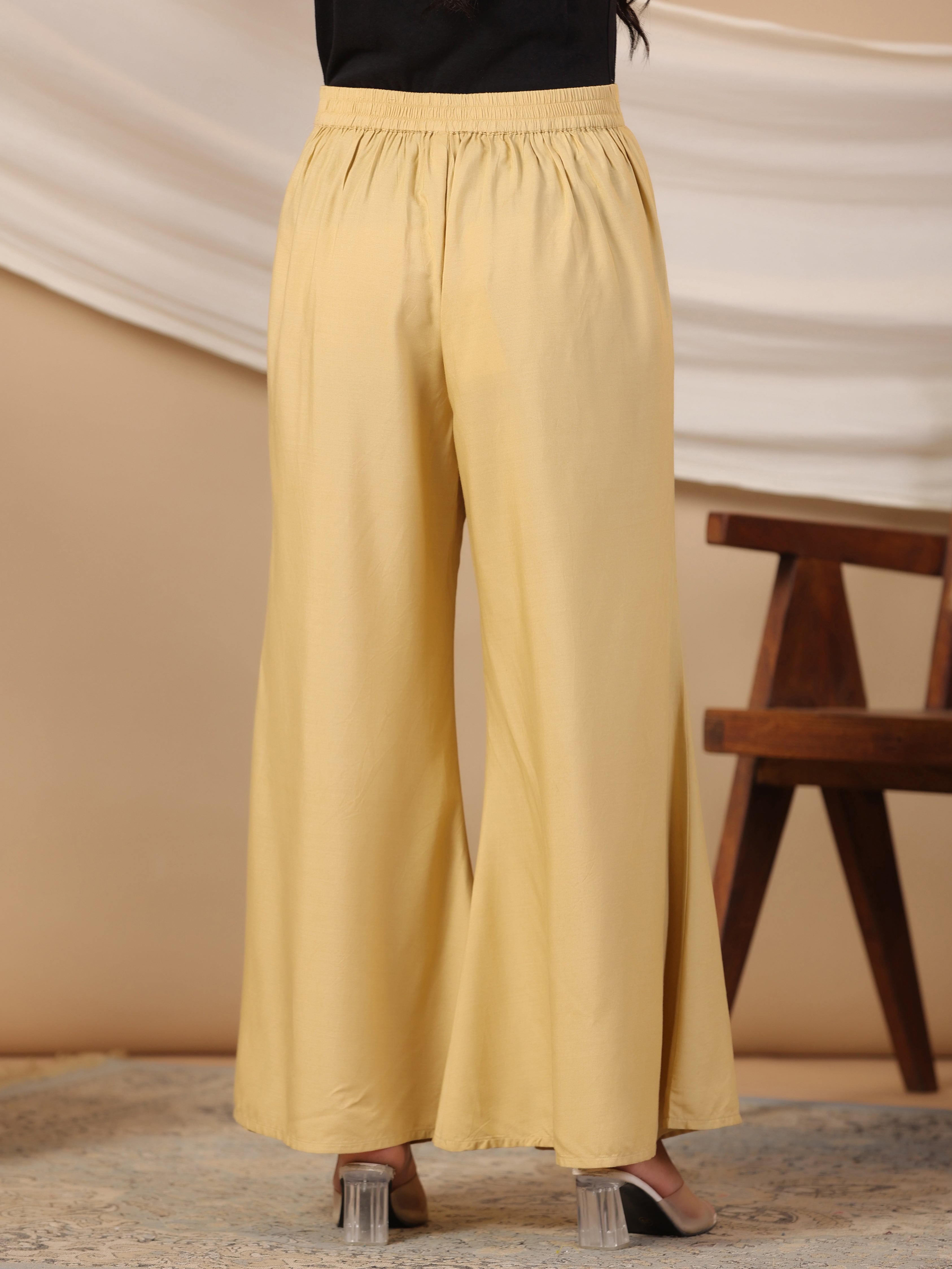 Juniper Beige Modal Rayon Women Partially Elasticated Bell Bottom Pants With Single Side Pocket | Grocsy
