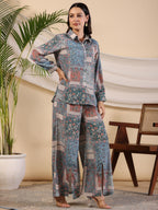 Juniper The Ornamental Blooms Women Silk Floral Printed Blue Shirt With Pants Co-Ord Set | Grocsy