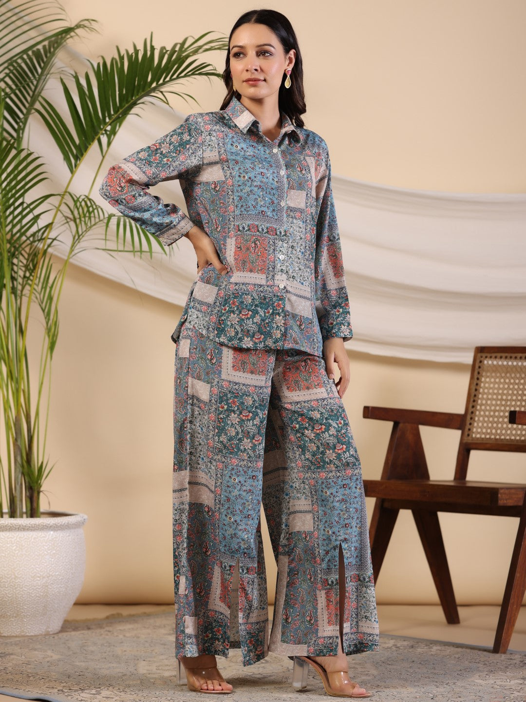 Juniper The Ornamental Blooms Women Silk Floral Printed Blue Shirt With Pants Co-Ord Set | Grocsy