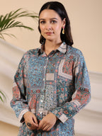Juniper The Ornamental Blooms Women Silk Floral Printed Blue Shirt With Pants Co-Ord Set | Grocsy
