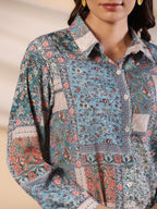 Juniper The Ornamental Blooms Women Silk Floral Printed Blue Shirt With Pants Co-Ord Set | Grocsy