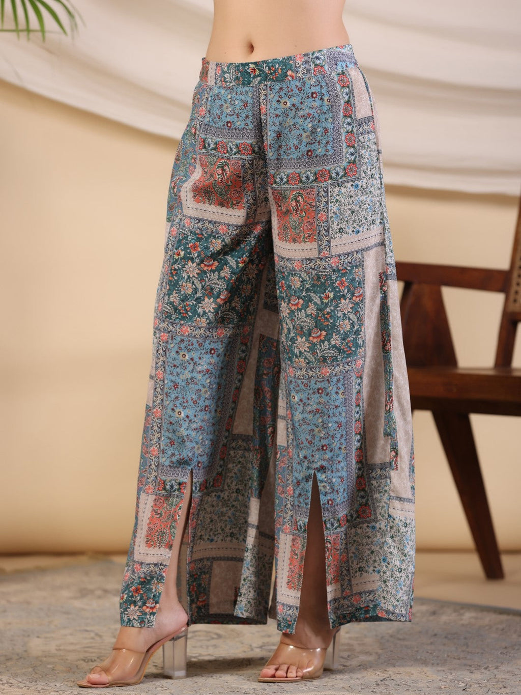 Juniper The Ornamental Blooms Women Silk Floral Printed Blue Shirt With Pants Co-Ord Set | Grocsy