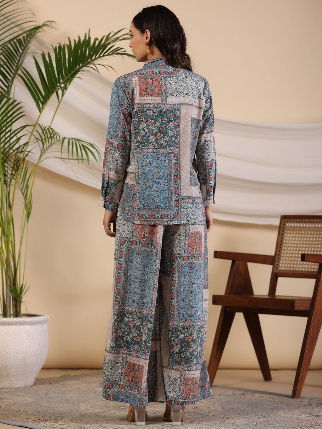 Juniper The Ornamental Blooms Women Silk Floral Printed Blue Shirt With Pants Co-Ord Set | Grocsy