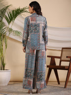 Juniper The Ornamental Blooms Women Silk Floral Printed Blue Shirt With Pants Co-Ord Set | Grocsy