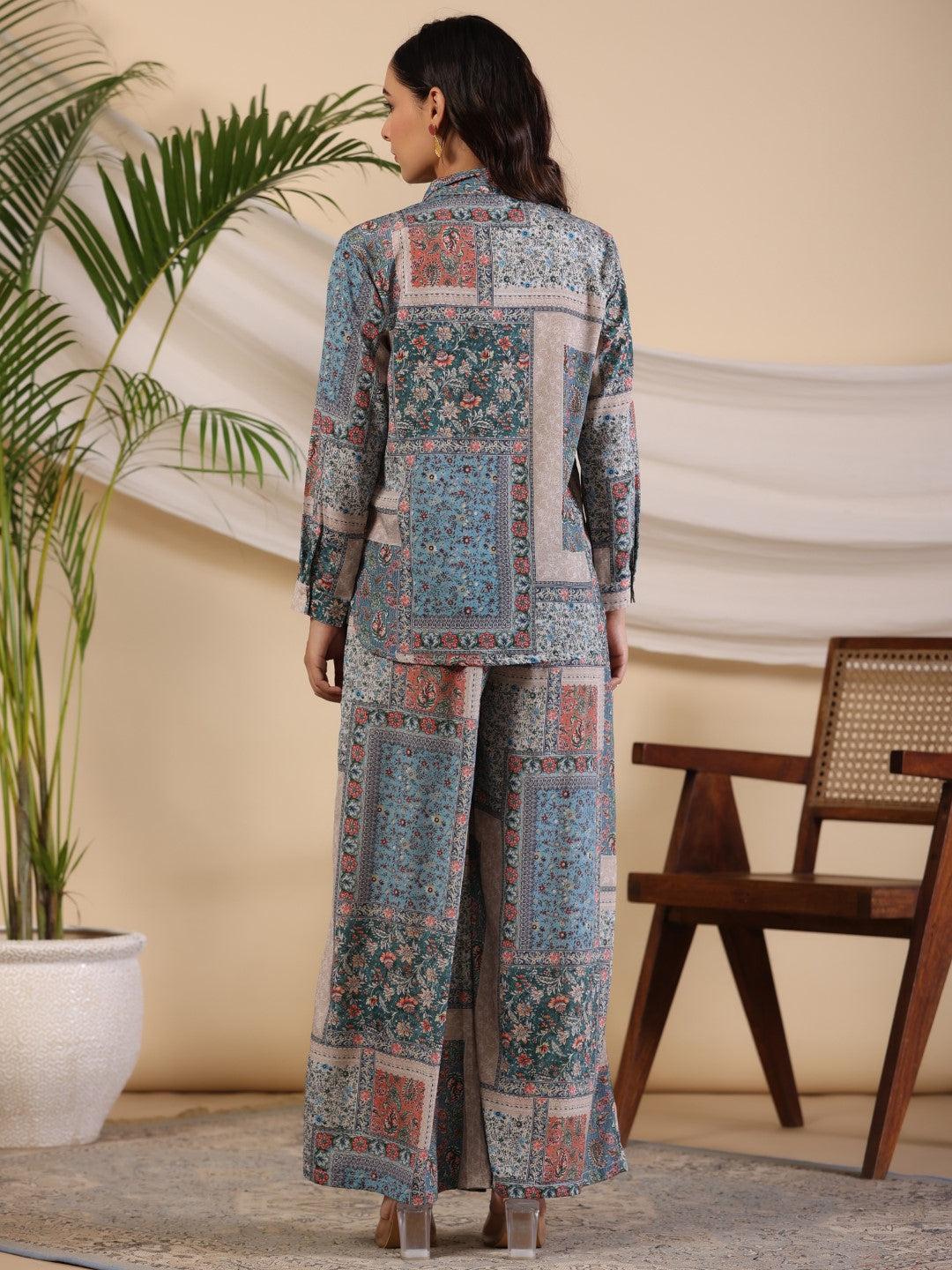 Juniper The Ornamental Blooms Women Silk Floral Printed Blue Shirt With Pants Co-Ord Set | Grocsy