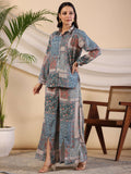 Juniper The Ornamental Blooms Women Silk Floral Printed Blue Shirt With Pants Co-Ord Set | Grocsy