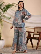 Juniper The Ornamental Blooms Women Silk Floral Printed Blue Shirt With Pants Co-Ord Set | Grocsy