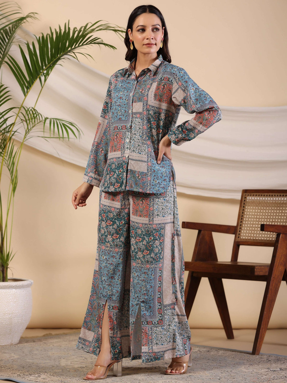 Juniper The Ornamental Blooms Women Silk Floral Printed Blue Shirt With Pants Co-Ord Set | Grocsy