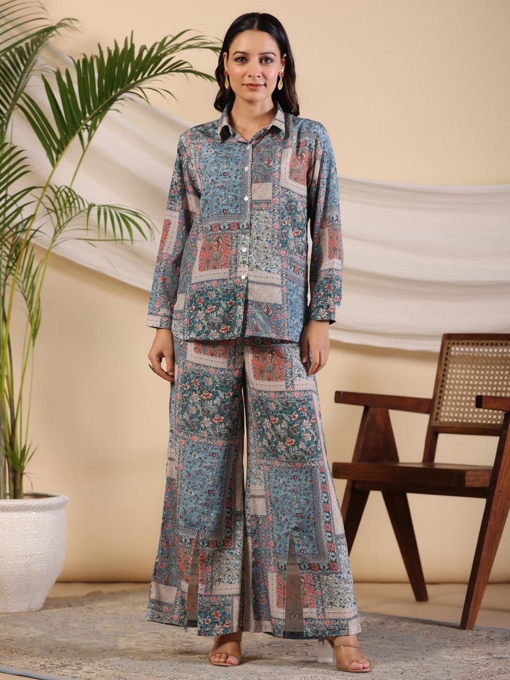 Juniper The Ornamental Blooms Women Silk Floral Printed Blue Shirt With Pants Co-Ord Set | Grocsy
