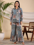 Juniper The Ornamental Blooms Women Silk Floral Printed Blue Shirt With Pants Co-Ord Set | Grocsy