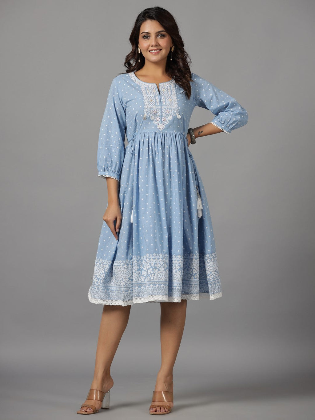 Juniper Women's Sky Blue Ethnic Motif Printed Pure Cotton Dress With Beads & Sequins Work | Grocsy