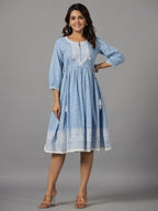 Juniper Women's Sky Blue Ethnic Motif Printed Pure Cotton Dress With Beads & Sequins Work | Grocsy